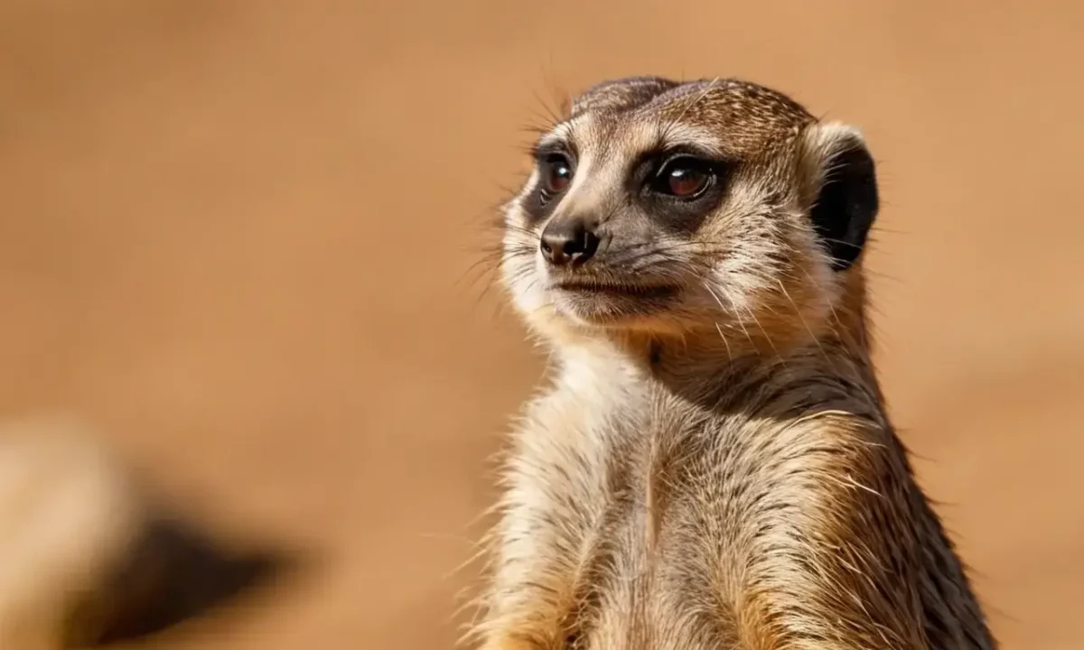 A meerkat peers intently with its back toward a termite mound backdrop